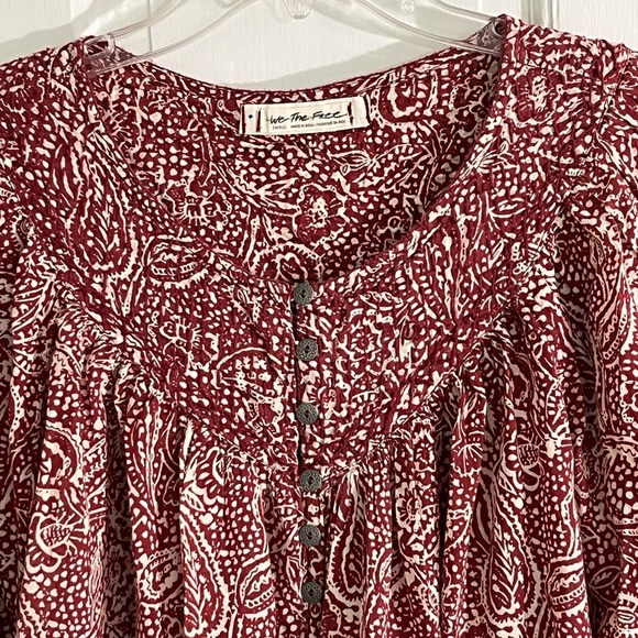 Free People We The Free Cool Meadow Red Boho Printed Blouse Cotton Size Small - Picture 4 of 15